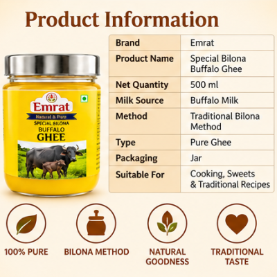 Emrat Special Bilona Buffalo Ghee 1000 ml | Traditional Bilona Method | Rich Aroma & Golden Texture | Pure Buffalo Milk Ghee